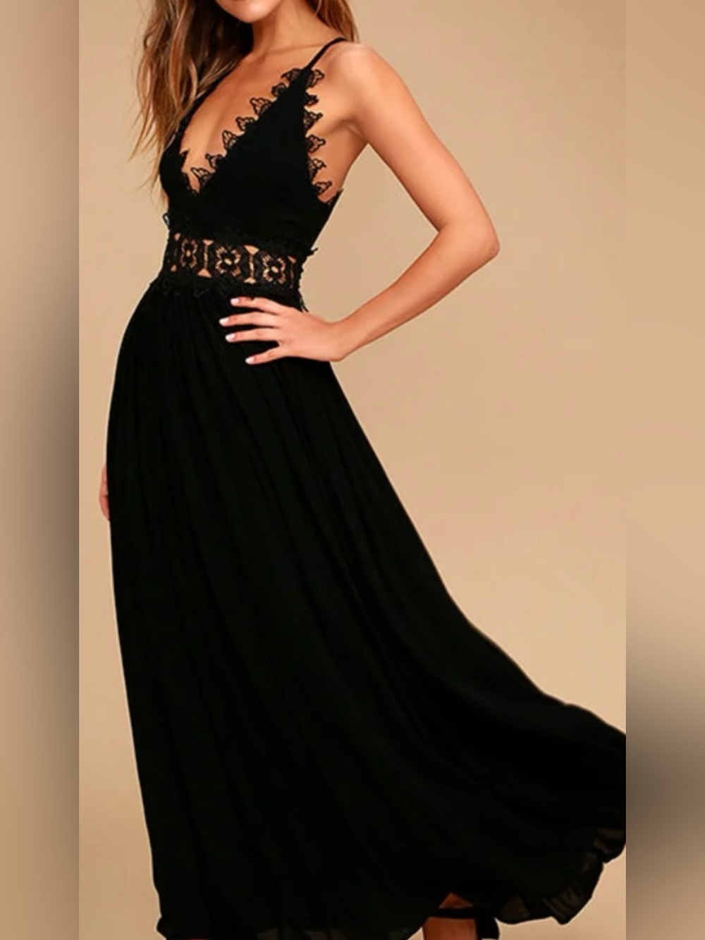 Lulus XS Black Lace-Trim Maxi Dress wedding guest